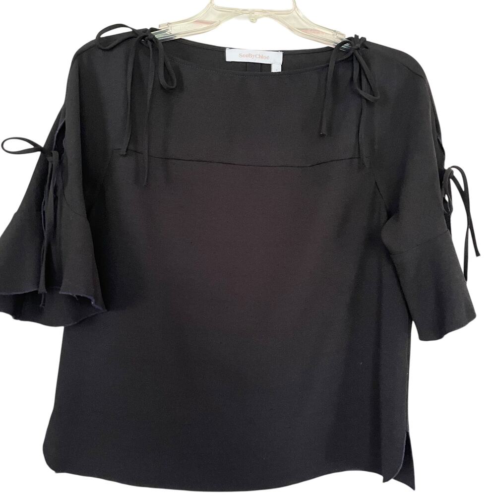 See by Chloe Black Bow Tied Bell Sleeve Round Neck Crepe Blouse Size 36/US S